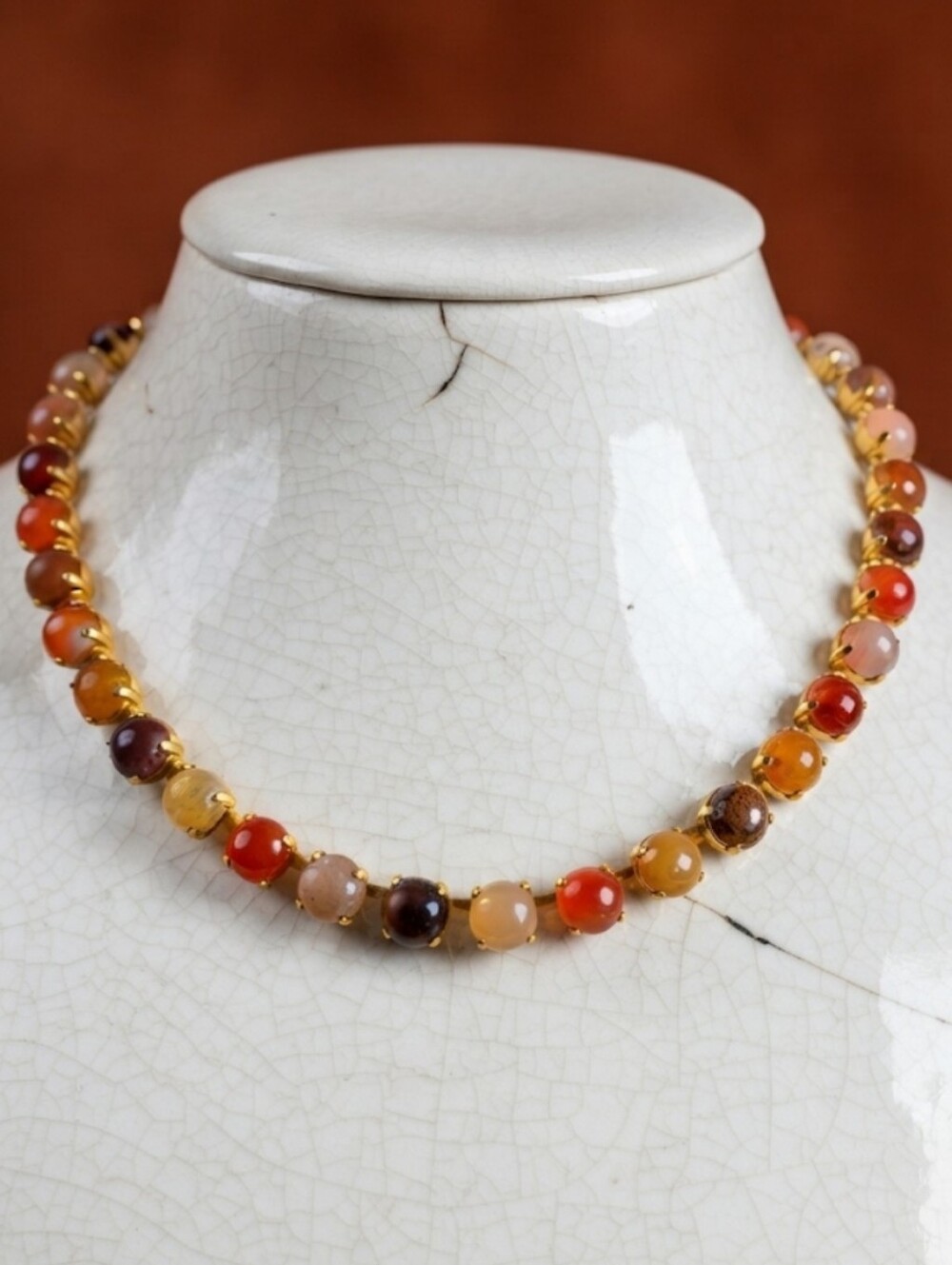 Genuine Red, Orange, Yellow Indian Agates in 14k Gold Plated Classic Necklace